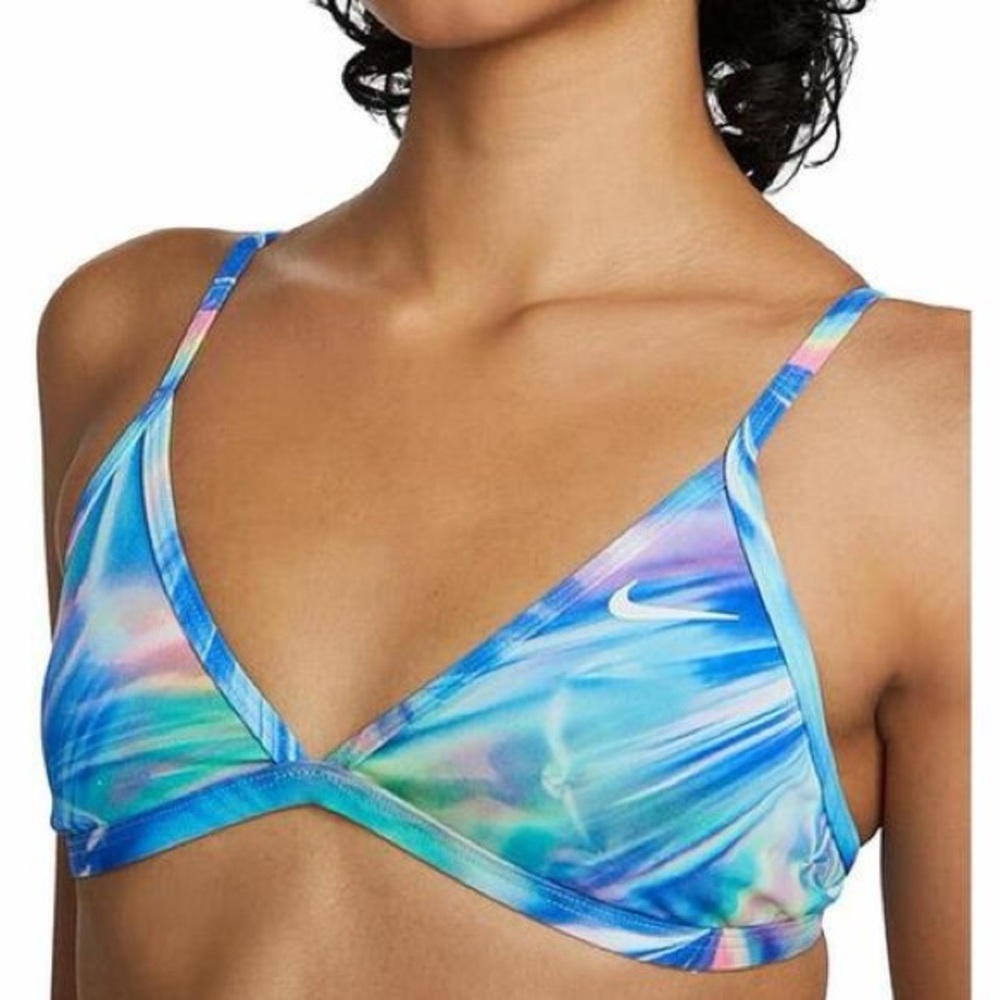 Nike Hydrastrong Triangle Tie Back Bikini Swim Top Blue Multicolor Print XS